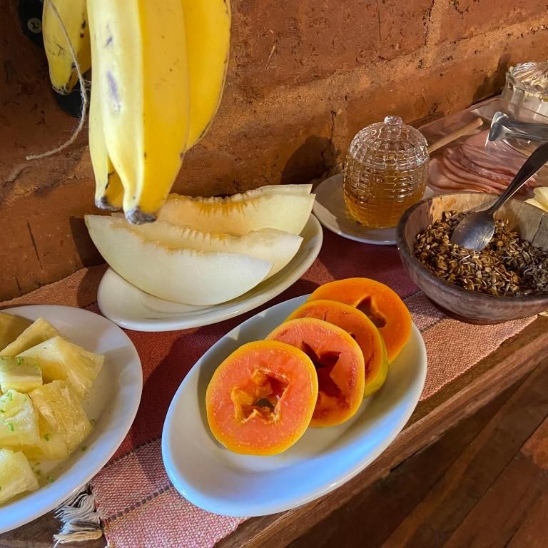Mamão, melão, abacaxi e bananas sobre a mesa